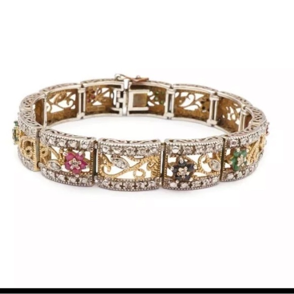 Gold Plated Sterling Silver 925 Multi Gemstone Ruby Emerald Flower Bracelet - Picture 1 of 11